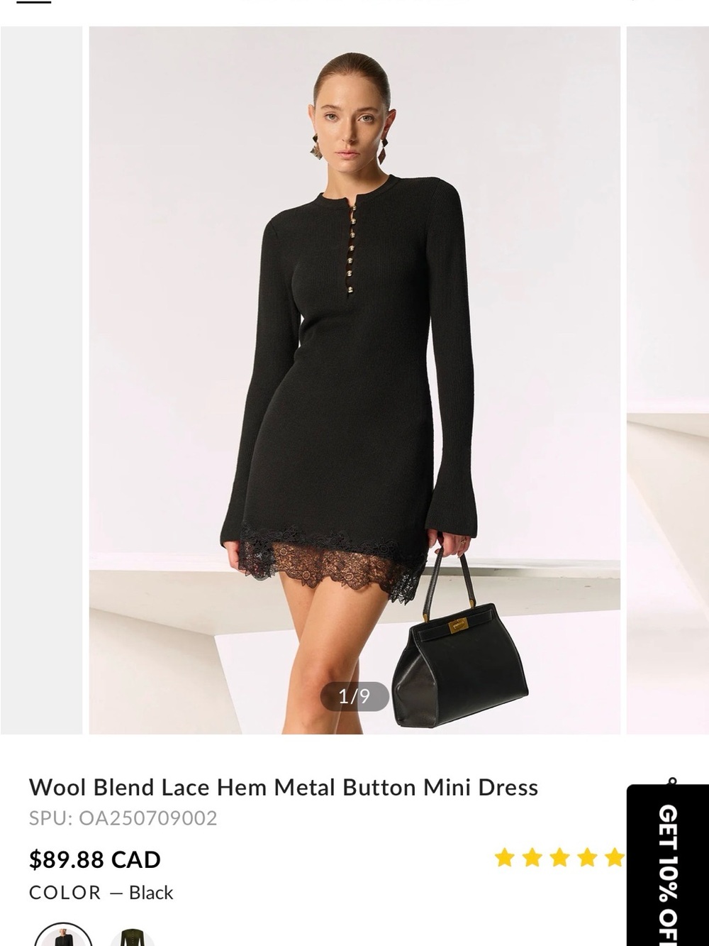 Commense Black Lace-Hem Mini Dress with Metal Buttons